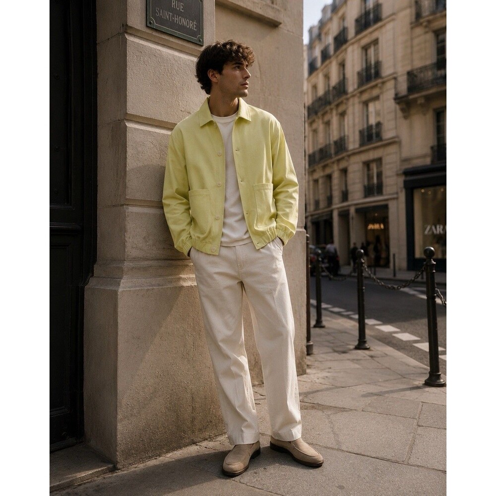 ZARA NWOT Men Shirt Jacket MEDIUM Elastic Hem Denim Cotton Yellow Green 0706/301
